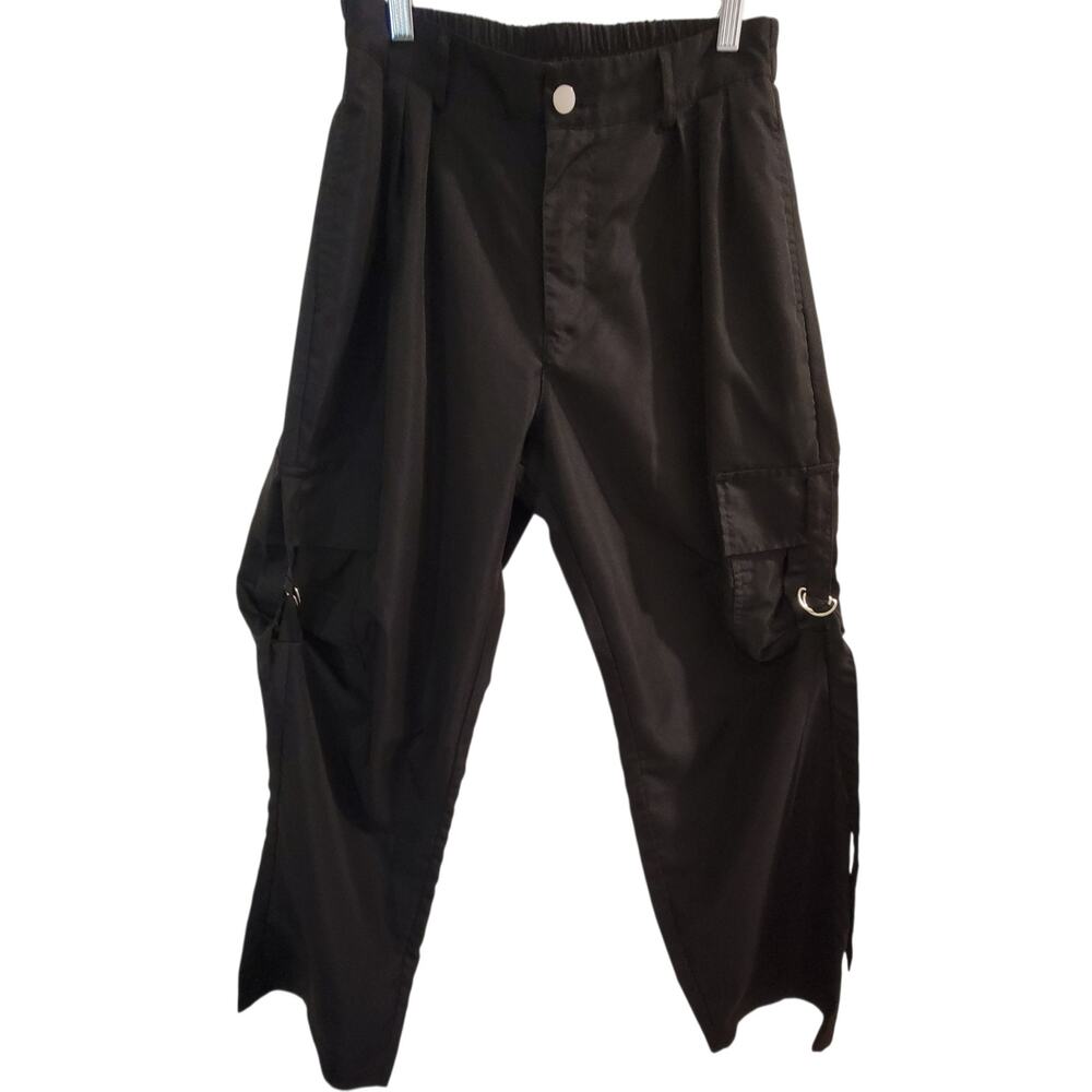 Women’s Black Cargo Pants Size M Pleated Utility Strap D-Ring Y2K Streetwear